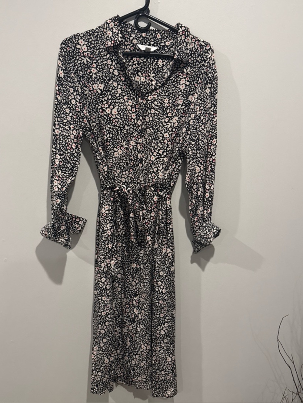 Time and Tru Black Floral Long-Sleeve Button-Front Midi Dress with Pink Accents